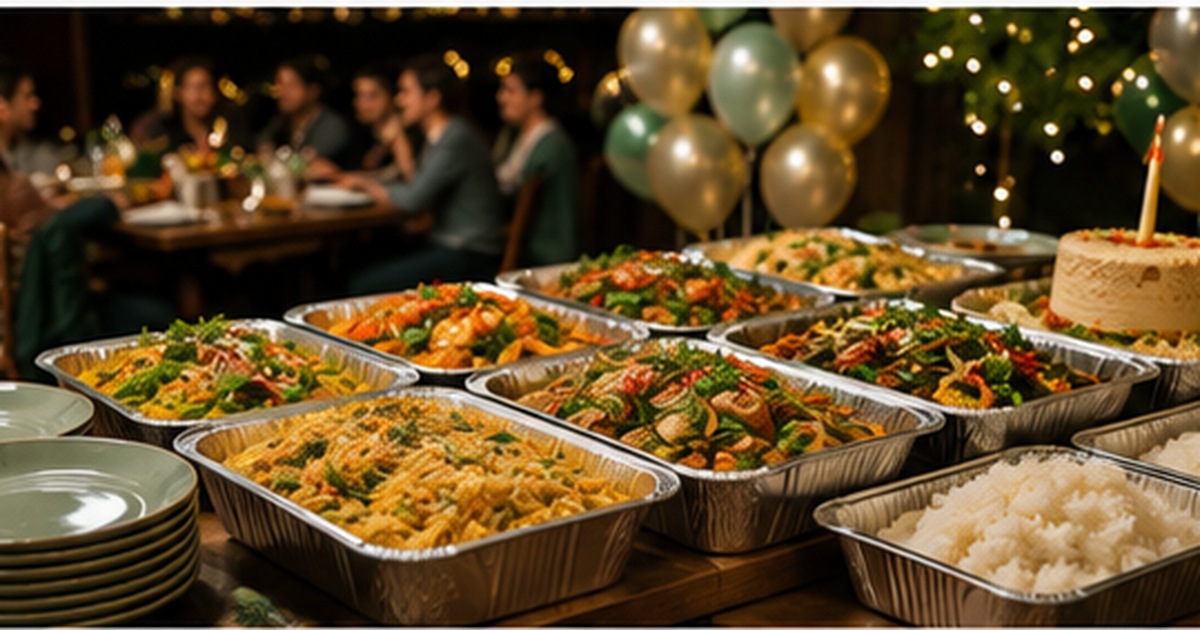 A birthday table with shared Thai dishes and simple decorations in Albany