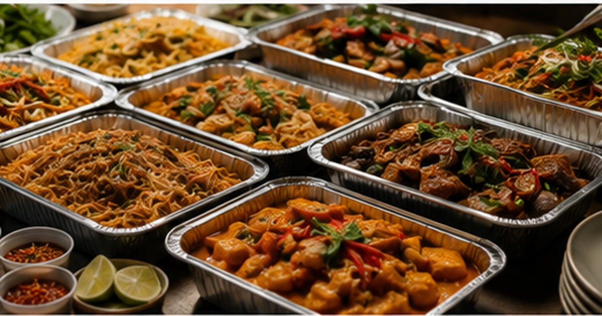 Thai catering dishes arranged in a practical buffet sequence