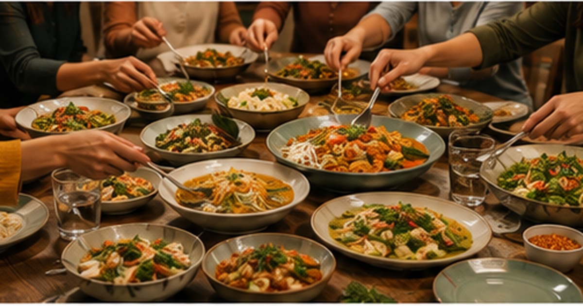 Friends portioning Thai food for a birthday celebration