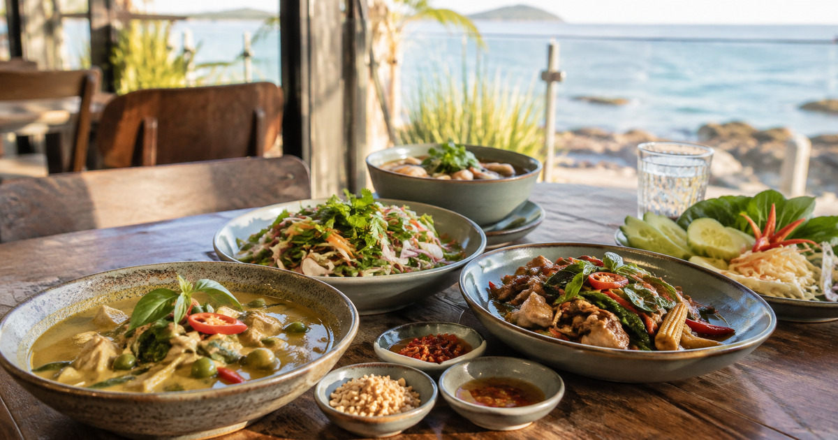 A shared Thai meal in Albany showing curry, soup, salad and rice in warm natural light
