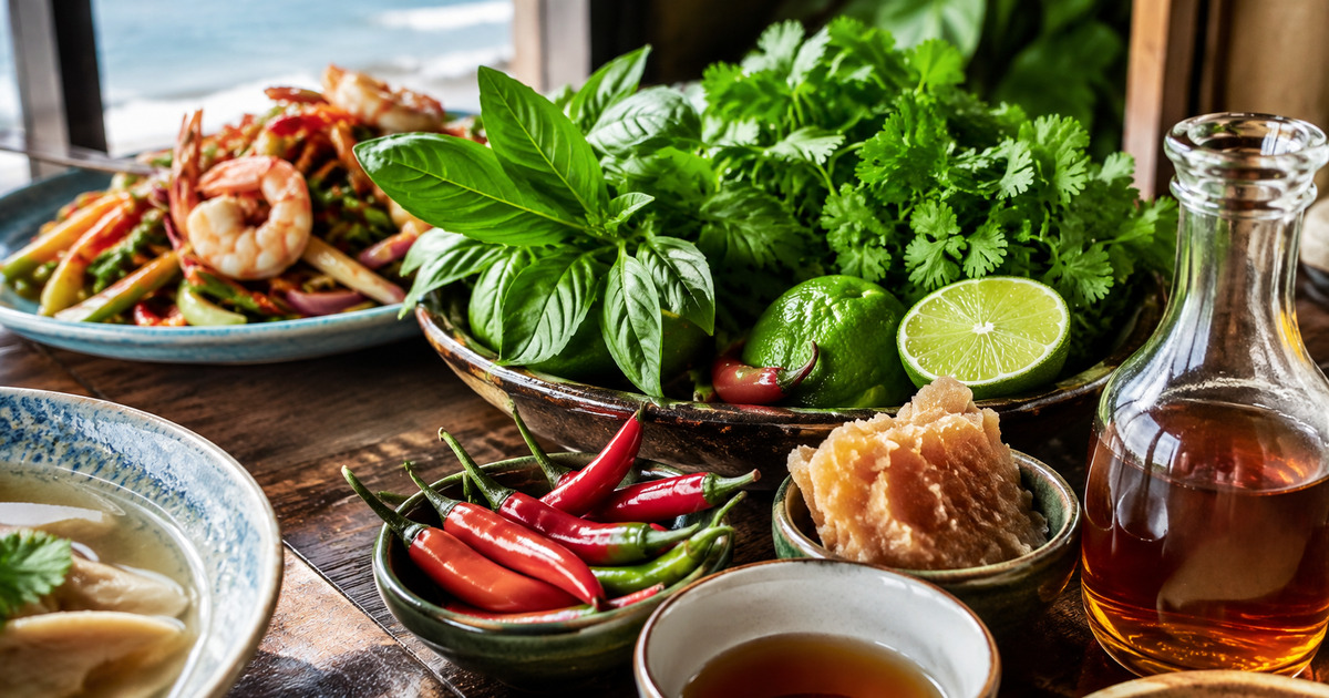 Fresh lime, chilli, herbs, tamarind and seasonings used to balance Thai food