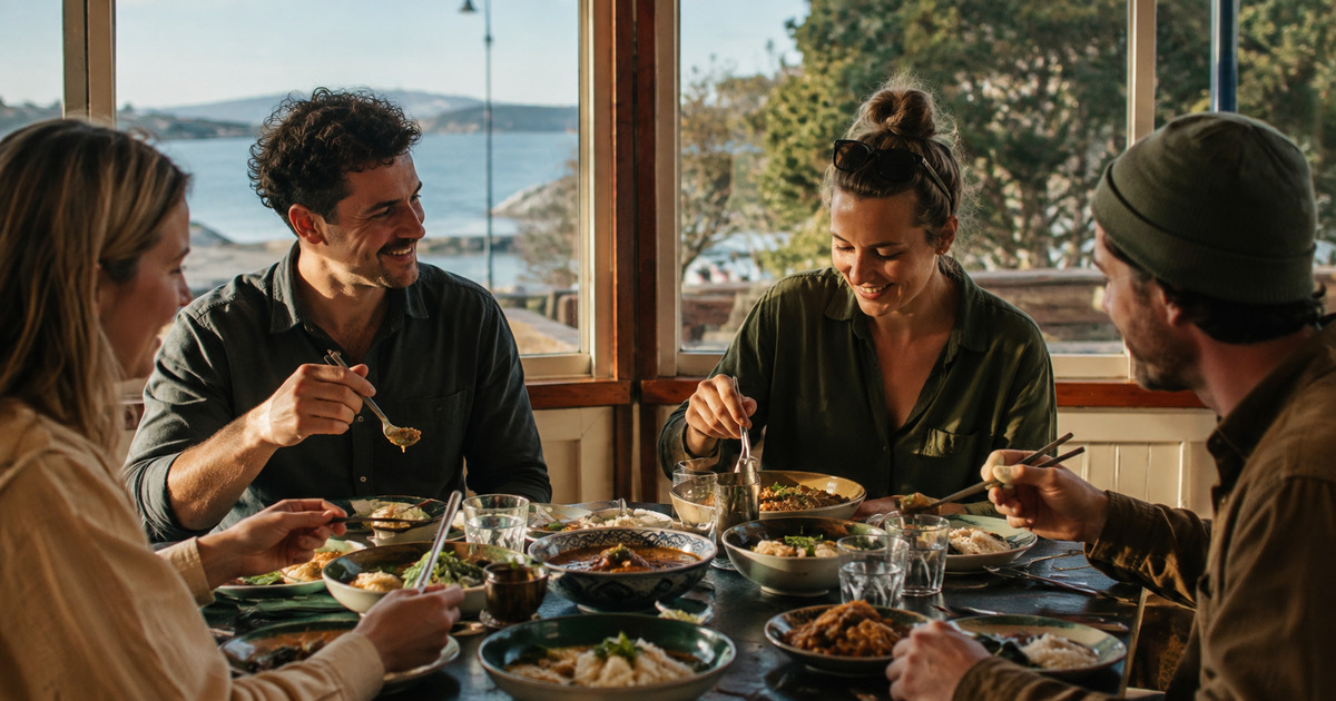 Friends sharing Thai food and tasting contrasting flavours at a restaurant table
