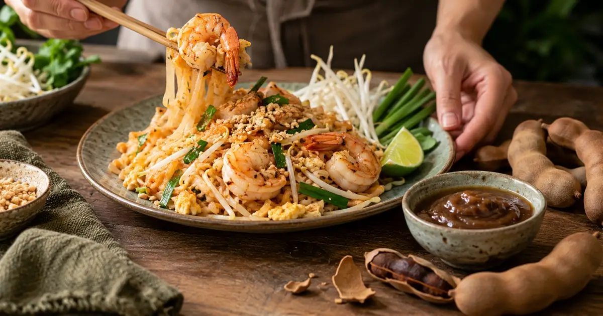 Prawn Pad Thai with tamarind pods and a small bowl of tamarind pulp nearby, authentic ingredients food photography