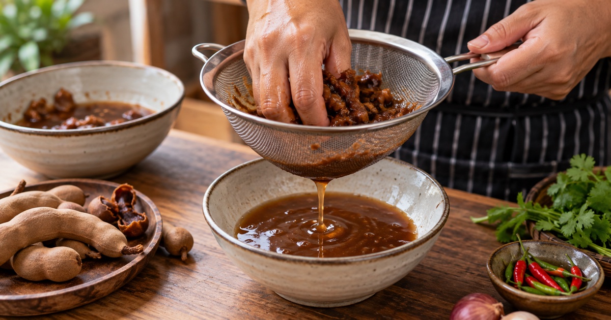 Close-up hands straining soaked tamarind pulp into a bowl in a clean Thai kitchen