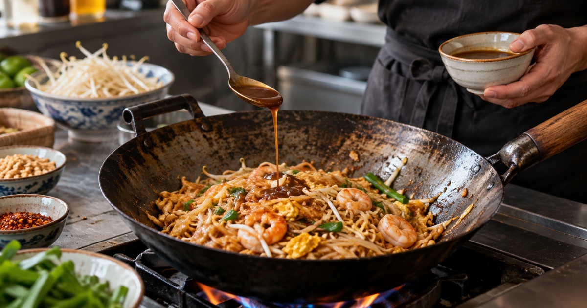 Thai cook adding a small spoon of tamarind sauce to a wok of Pad Thai noodles
