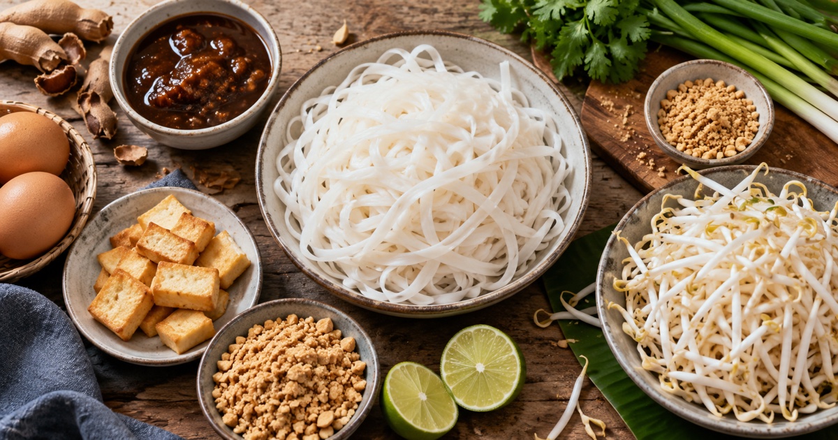 Overhead Pad Thai ingredient still life: rice noodles tamarind pulp egg tofu bean sprouts ground peanuts lime