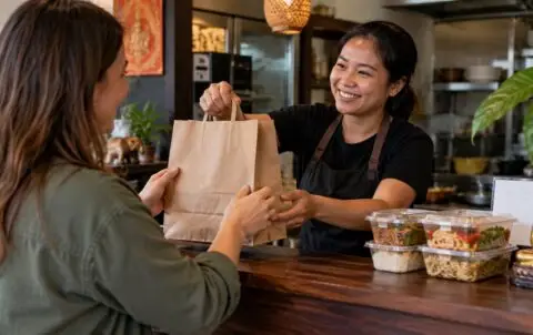Friendly Thai takeaway counter conversation between customer and staff with unbranded paper bag and sealed meal containers
