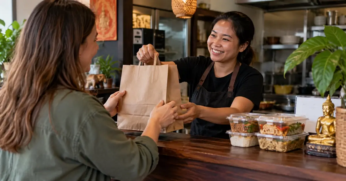 Friendly Thai takeaway counter conversation between customer and staff with unbranded paper bag and sealed meal containers