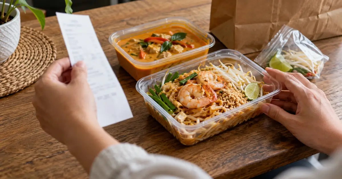 Hands checking a takeaway meal of Pad Thai and curry against a plain receipt whose writing is out of focus