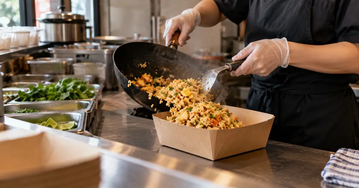 Staff preparing a fresh replacement container of Thai fried rice at a clean takeaway counter