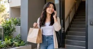 Adult customer on phone beside an apartment entrance with stairs holding a plain Thai takeaway bag, general access planning illustration