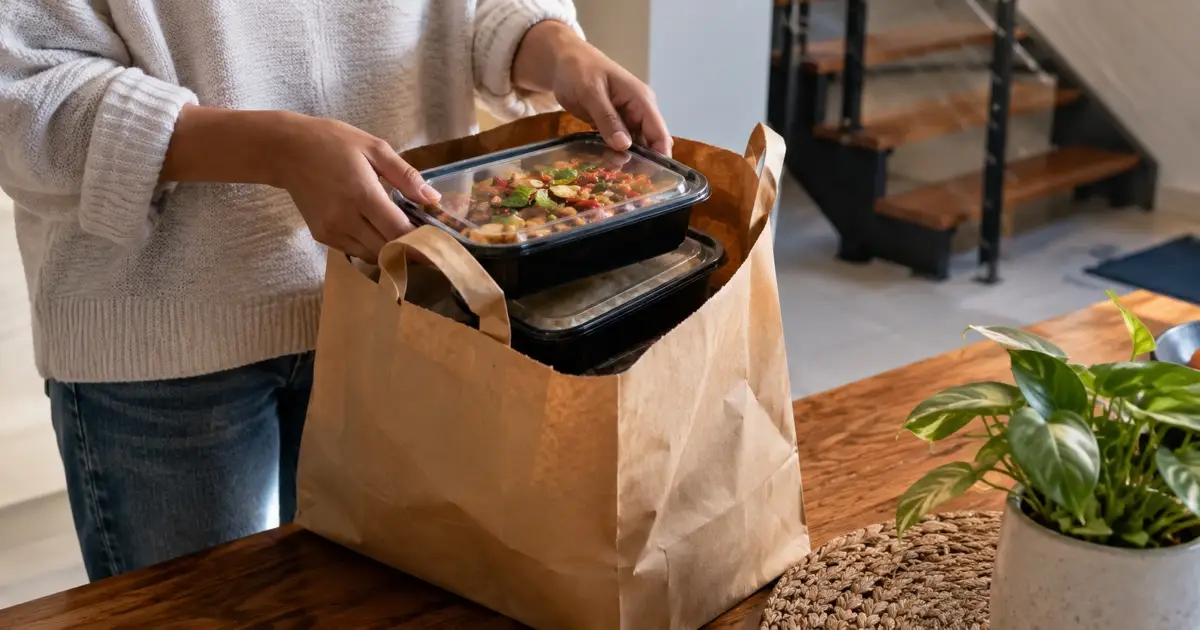 Closed Thai takeaway containers in plain carry bag on table near apartment staircase, access planning, no courier branding