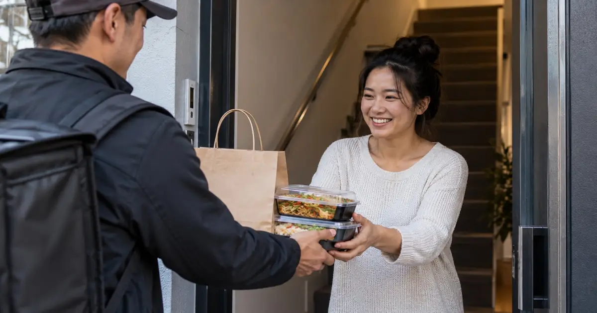 Customer and unbranded food courier meeting safely at ground-level apartment entrance, stairs visible, general delivery concept