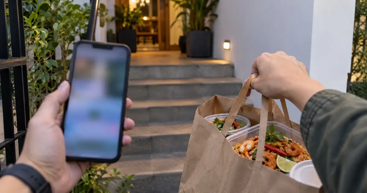 Hand holding smartphone with fully blurred screen near a stair entrance while another hand carries unbranded Thai takeaway, general access concept