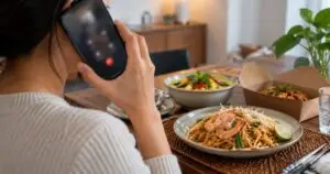 Person at home calling restaurant about a Thai takeaway order, phone interface fully blurred, simple Thai food table context
