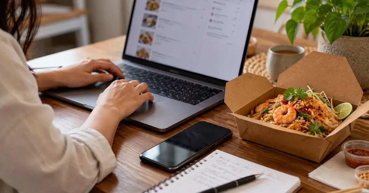 Hands checking order details on laptop beside a phone and notebook, all text unreadable, Thai takeaway container nearby