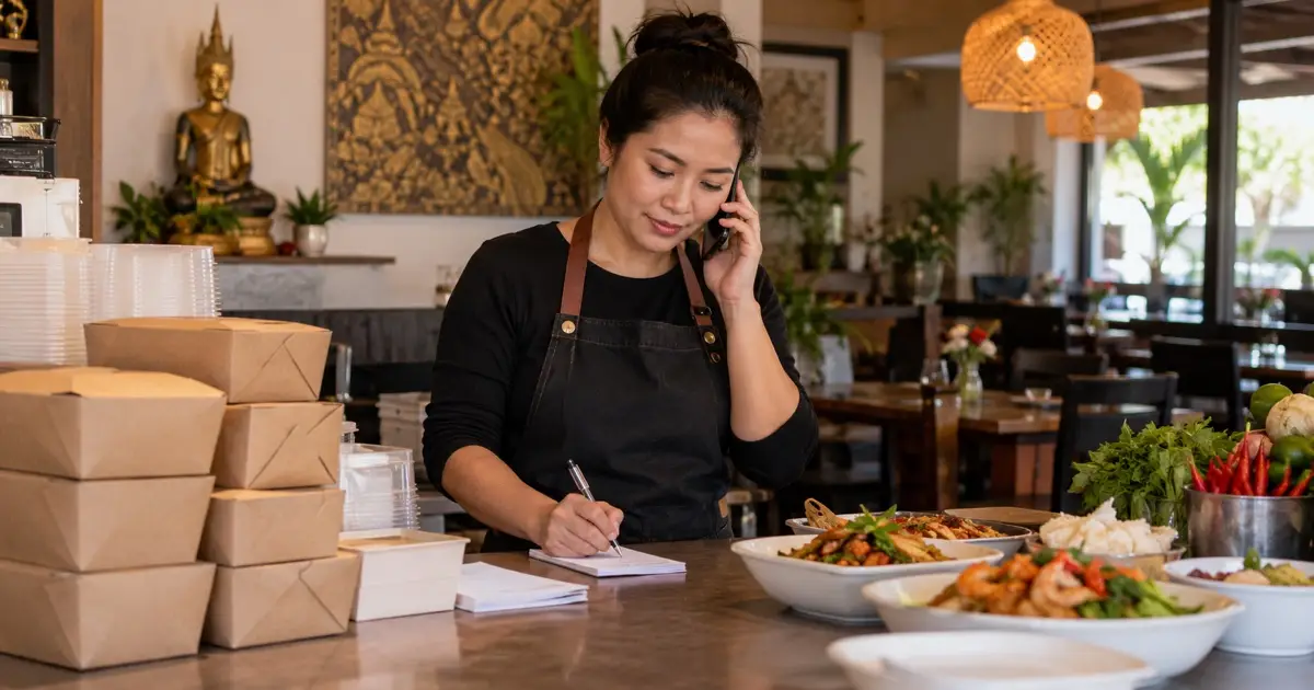 Restaurant employee receiving a phone call beside closed takeaway containers and plain order slips, no readable text