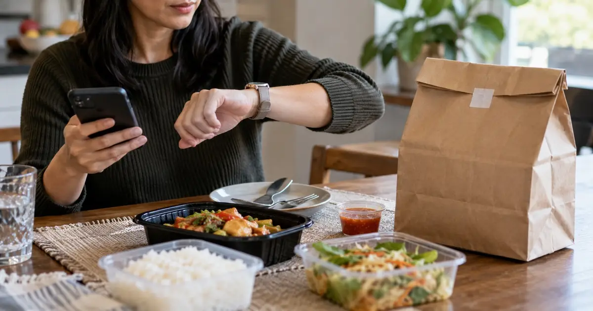 Customer checking a clock and smartphone beside a sealed Thai takeaway bag, screen out of focus