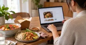Person using laptop at home to review a Thai takeaway guest checkout, screen deliberately defocused no readable interface