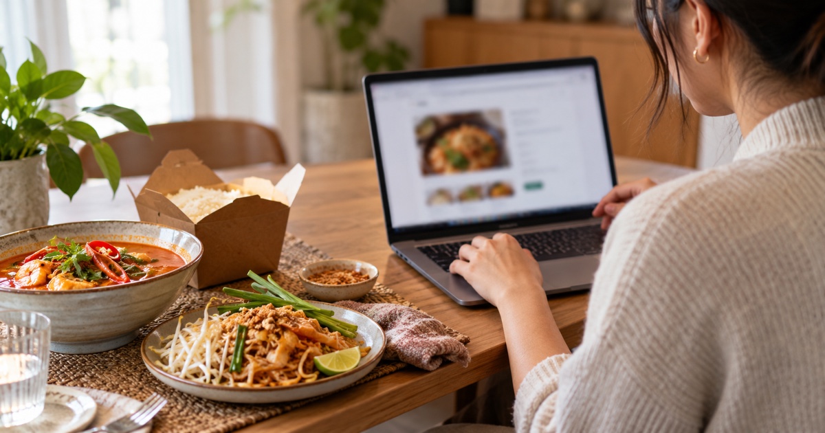 Person using laptop at home to review a Thai takeaway guest checkout, screen deliberately defocused no readable interface