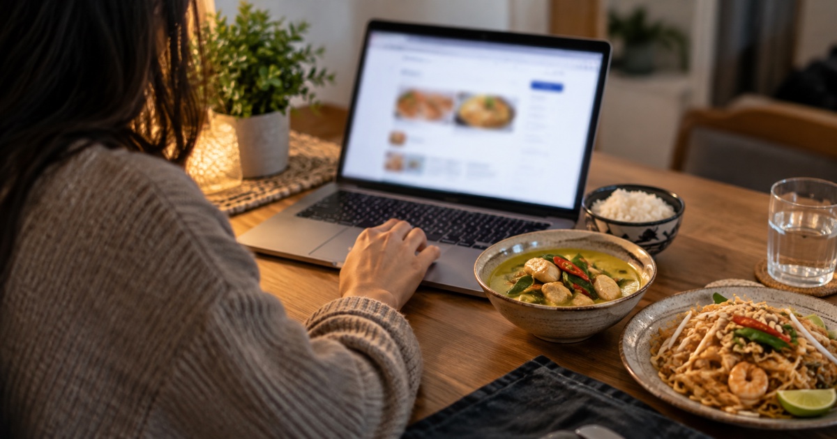 Adult diner at home checking order on laptop before choosing account creation, display entirely blurred, Thai food nearby