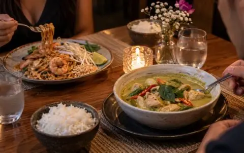 Intimate anniversary dinner table for two, Thai green curry and Pad Thai, two water glasses, subtle small flowers