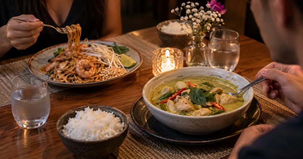 Intimate anniversary dinner table for two, Thai green curry and Pad Thai, two water glasses, subtle small flowers