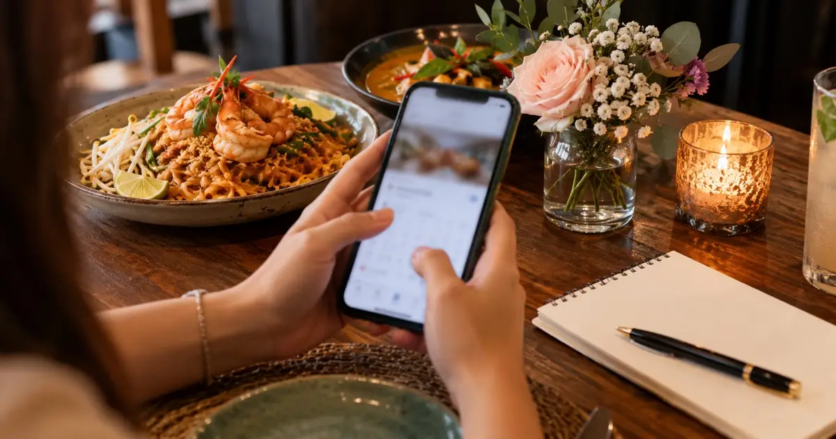 Hands holding a phone making a restaurant reservation beside a plain notebook and small anniversary flowers, phone screen out of focus