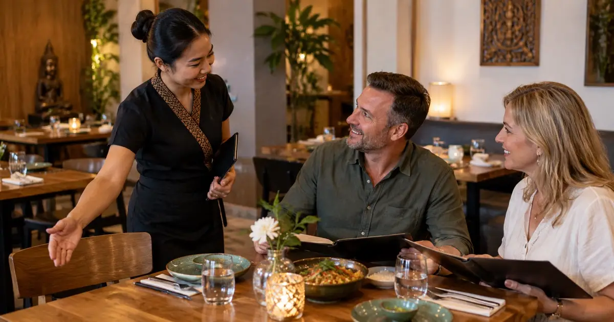 Server and adult couple discussing table arrangements in a modest generic contemporary Thai dining room