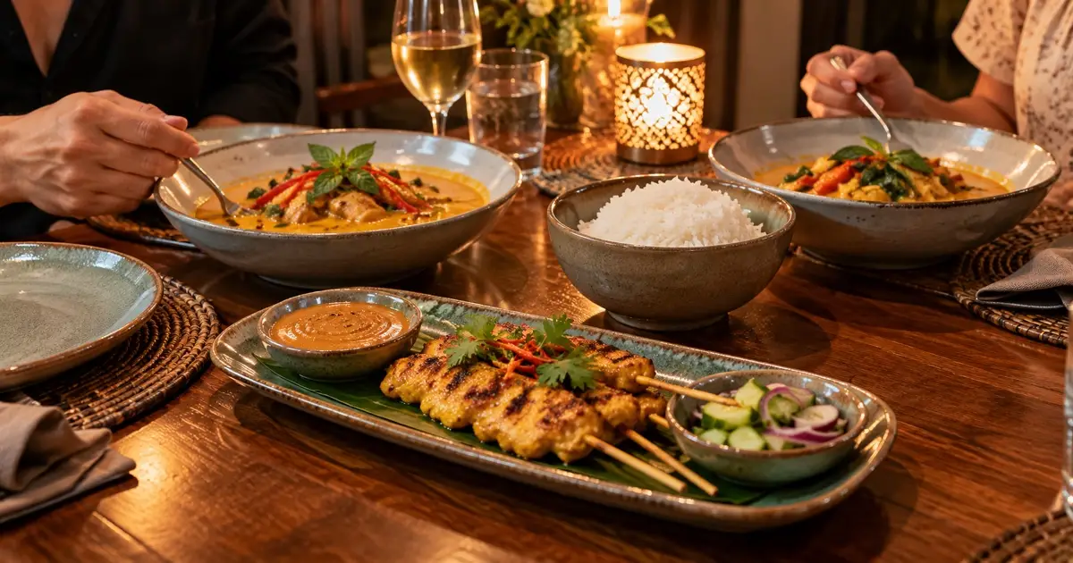 Two neatly set place settings with chicken satay and Thai curry, warm intimate evening light
