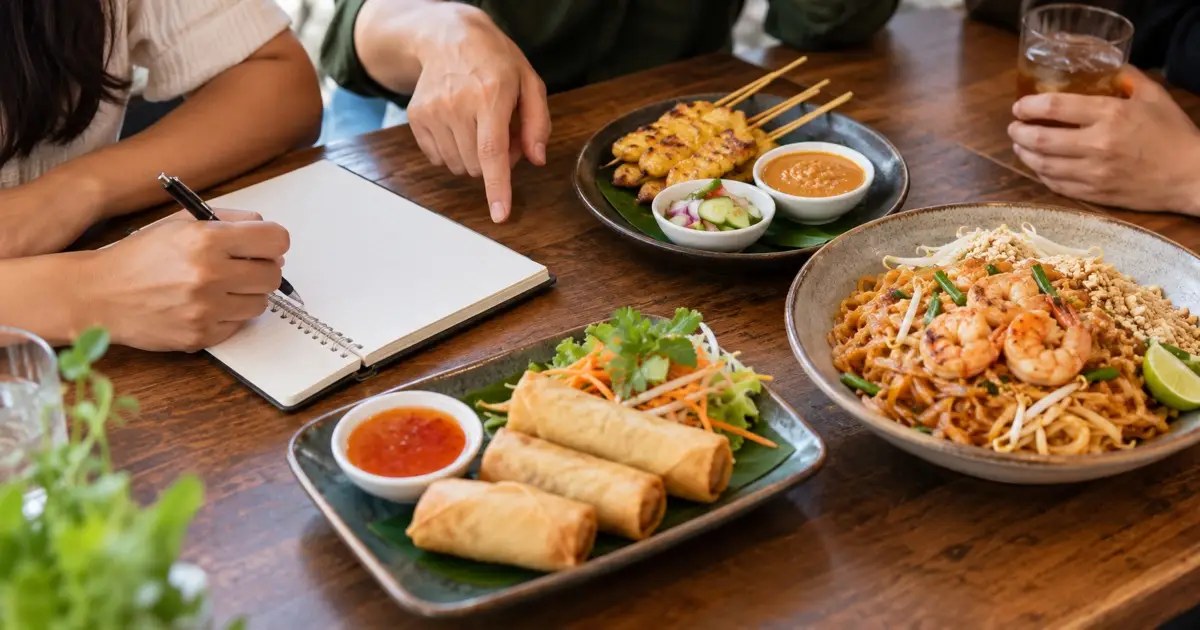 Planning a future group Thai meal using a plain notebook beside small sample plates of satay, spring rolls and Pad Thai; generic planning illustration