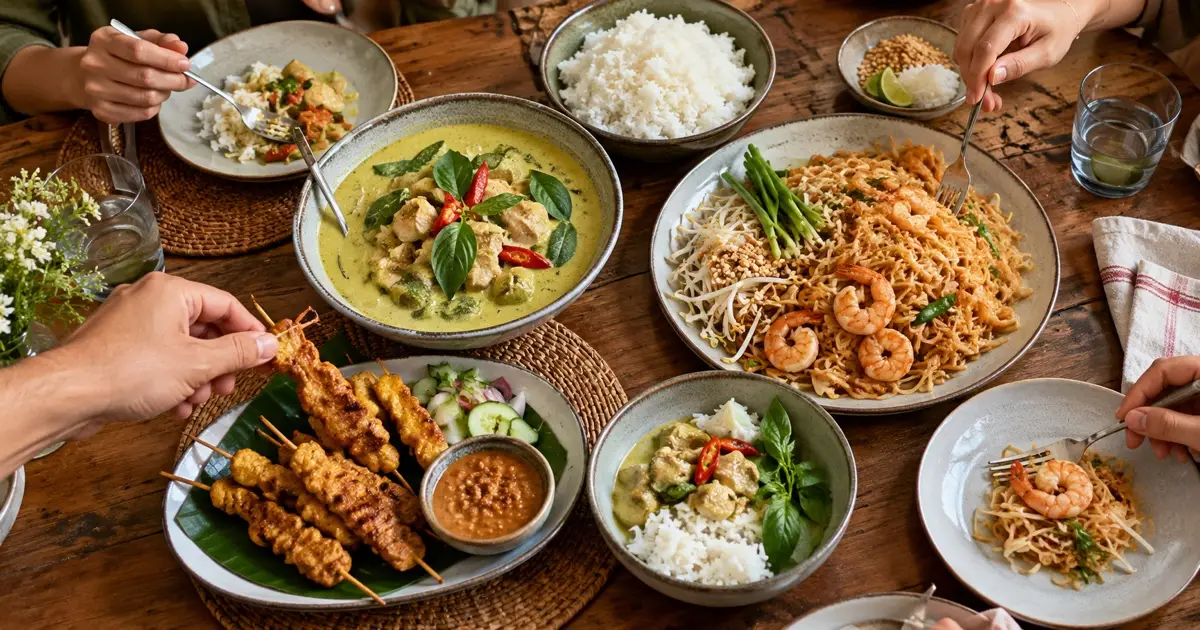 Overhead modest group Thai meal of green curry, Pad Thai, satay and jasmine rice in sharing bowls, no catering equipment