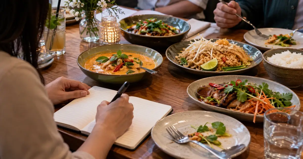 Hands writing observations in an unlabelled notebook while reviewing Thai shared plates after a small event