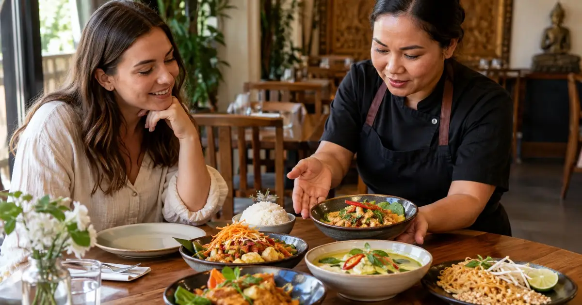 Host and restaurant employee reviewing portion bowls at a simple table, illustrative group-order planning, no claimed catering setup