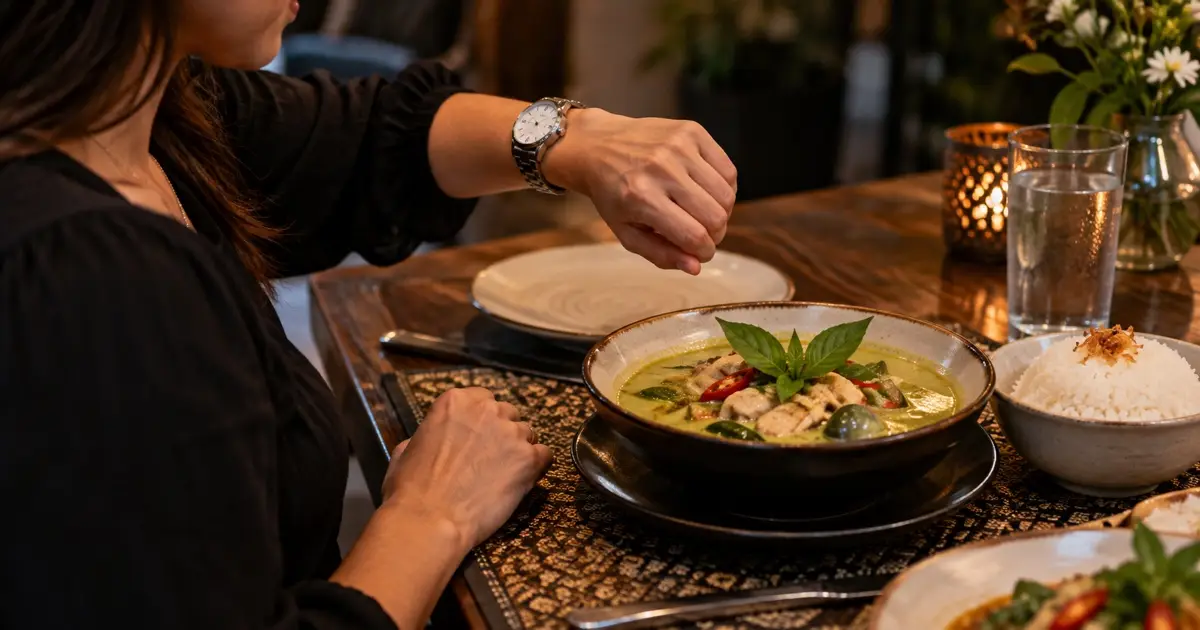 Adult diners checking time on wristwatch before an evening Thai meal, green curry and jasmine rice on table; no offer signage