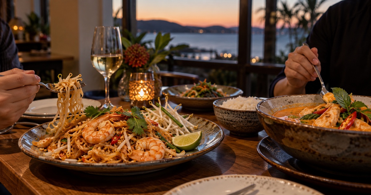 Restaurant table set for an early evening Thai dinner with Pad Thai and curry, daylight fading beyond a generic window