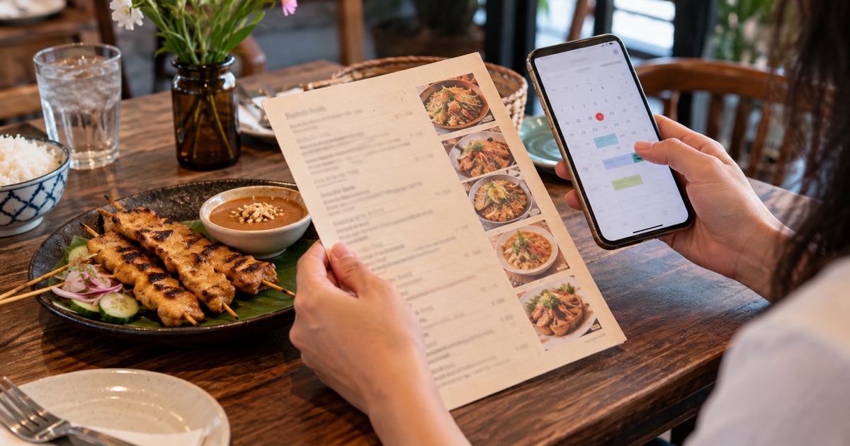 Hands comparing a paper menu with a phone calendar, all writing unreadable, Thai satay plate nearby