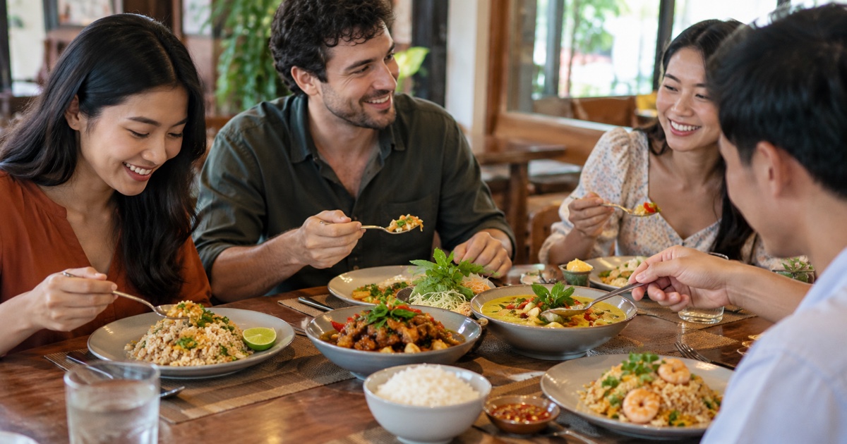 Small group enjoying Thai fried rice and shared curry in modest restaurant in natural daytime light; no discount claims