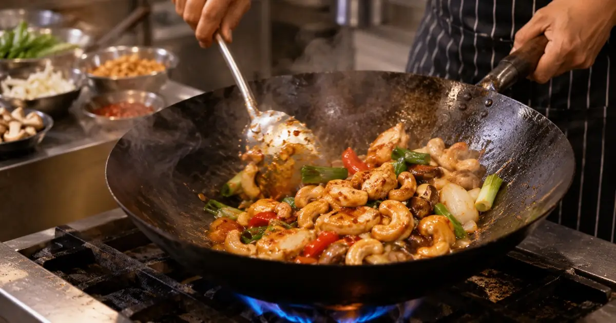 Thai cook stir-frying one small portion of chicken with cashews onions mushrooms and sweet chilli in a hot wok