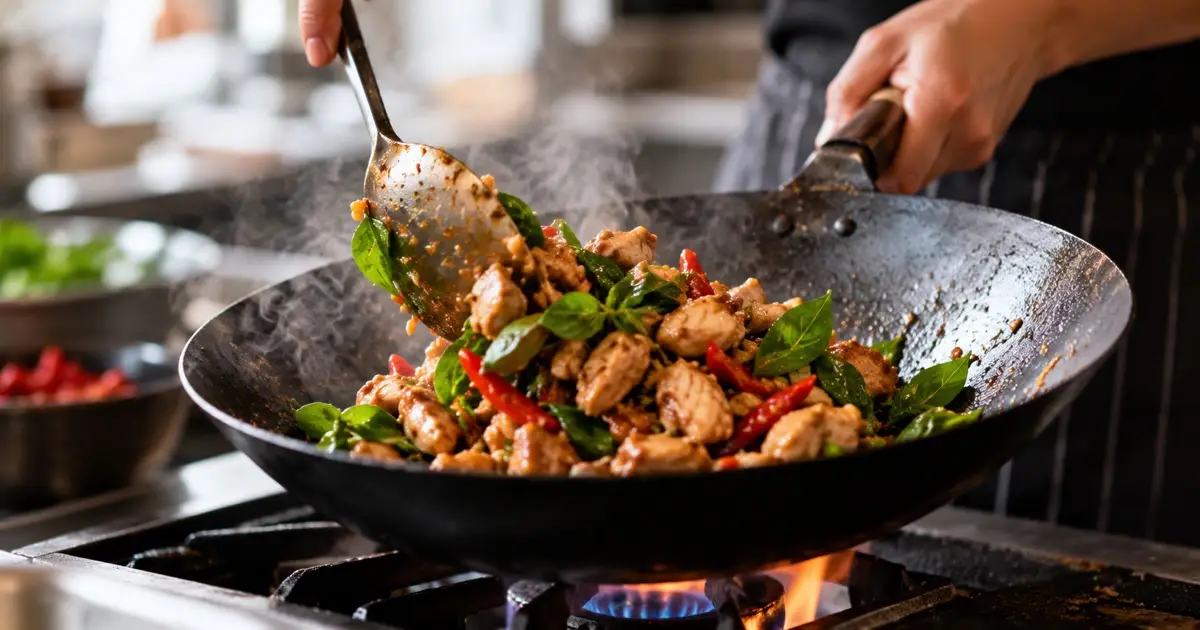 Close-up single serving Thai basil chicken stir fry tossing in a hot wok, natural subtle steam