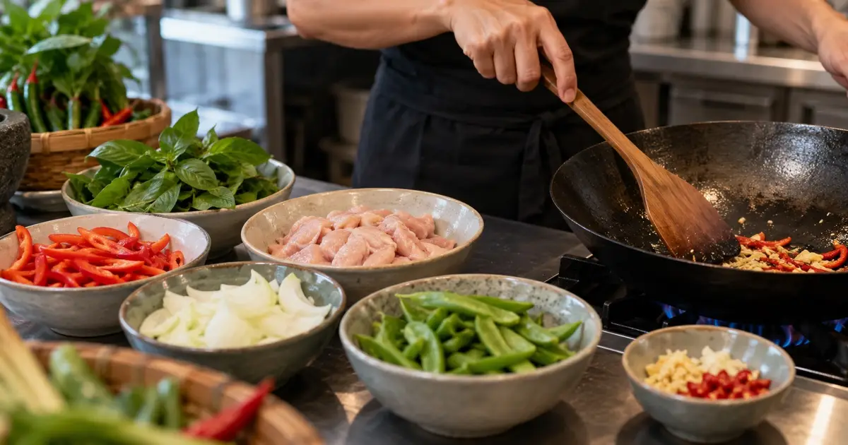 Small bowls of freshly cut vegetables and chicken portions beside a wok in a clean Thai kitchen