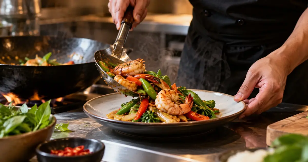 Thai cook plating a freshly stir-fried small batch of prawn vegetables, wok softly visible behind
