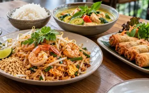 A Thai shared meal with prawn Pad Thai, green chicken curry, jasmine rice and vegetable spring rolls; foreground crisp spring roll being served first