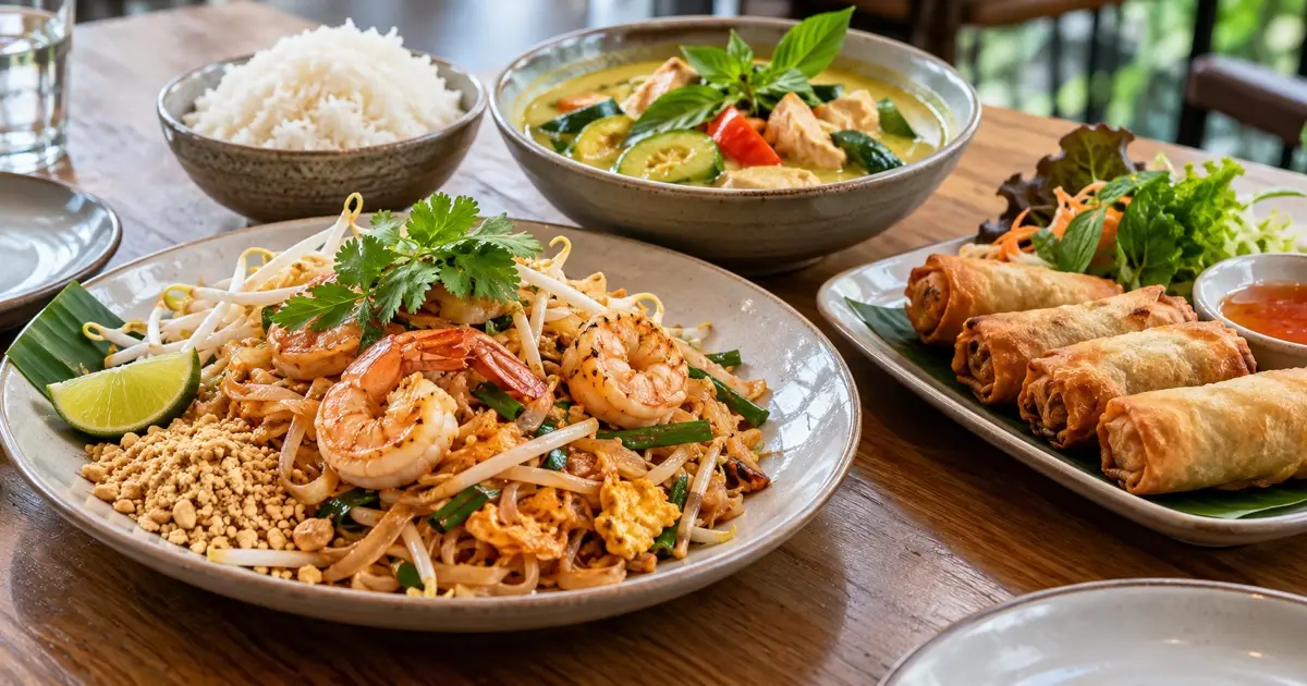 A Thai shared meal with prawn Pad Thai, green chicken curry, jasmine rice and vegetable spring rolls; foreground crisp spring roll being served first