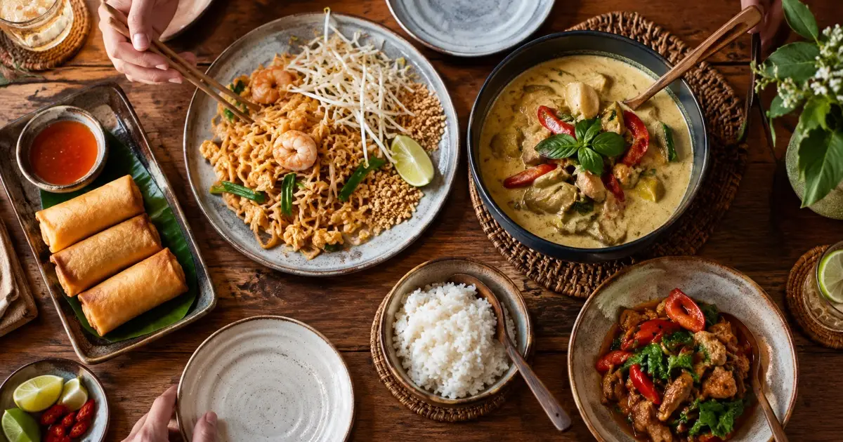 Top-down Thai sharing spread featuring Pad Thai, spring rolls and curry, small empty individual plates