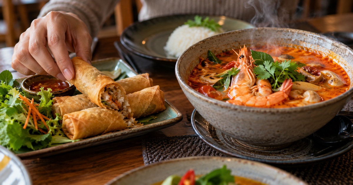 Close-up freshly cooked spring rolls beside steaming tom yum prawn soup, contrast of crisp and liquid textures