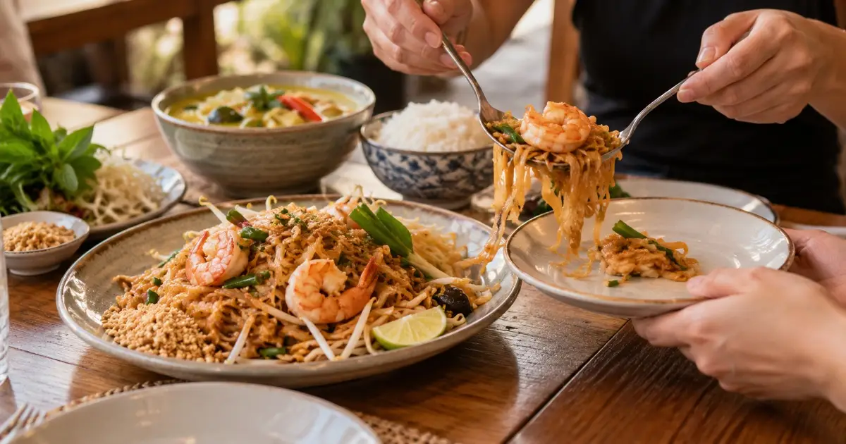 Hands serving prawn Pad Thai onto a small plate, curry and rice softly blurred behind