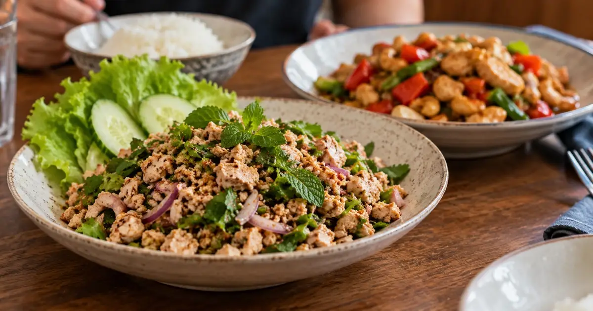 Thai menu ingredient comparison: chicken larb with finely minced meat in foreground, sliced chicken cashew stir fry behind