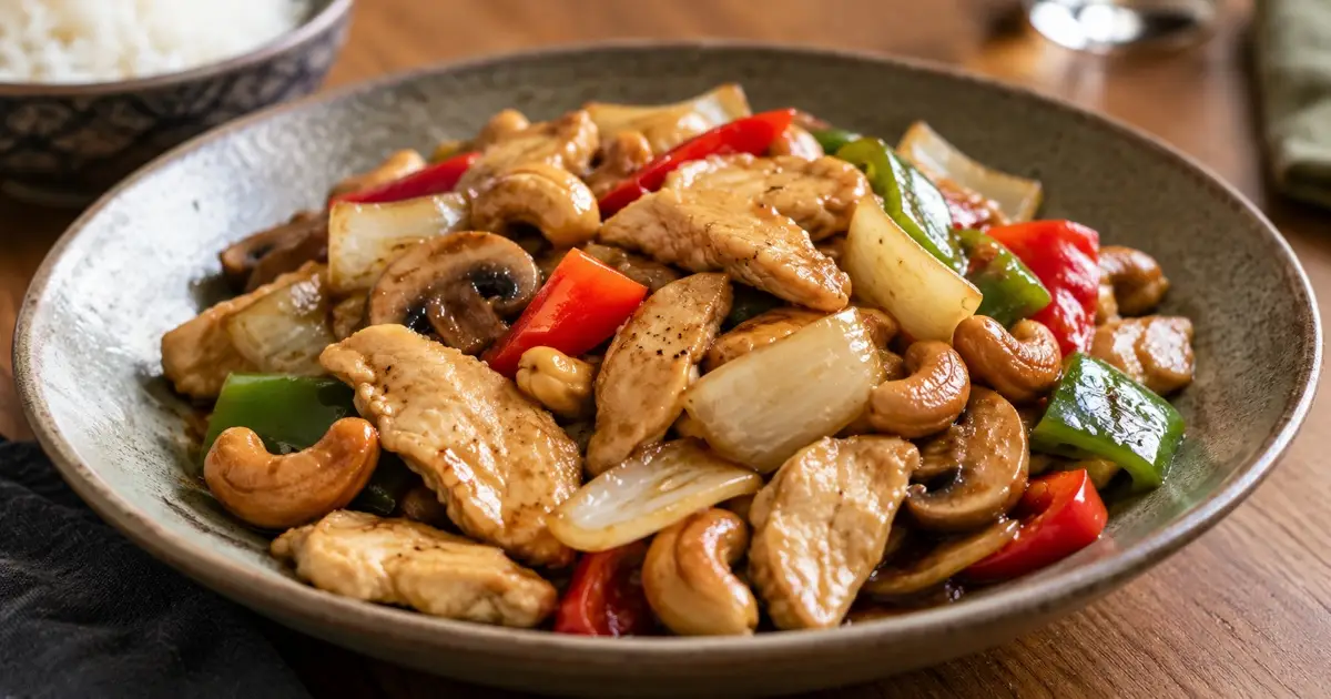 Close-up sliced chicken cashew stir fry with onions mushrooms capsicum, visibly distinct slices