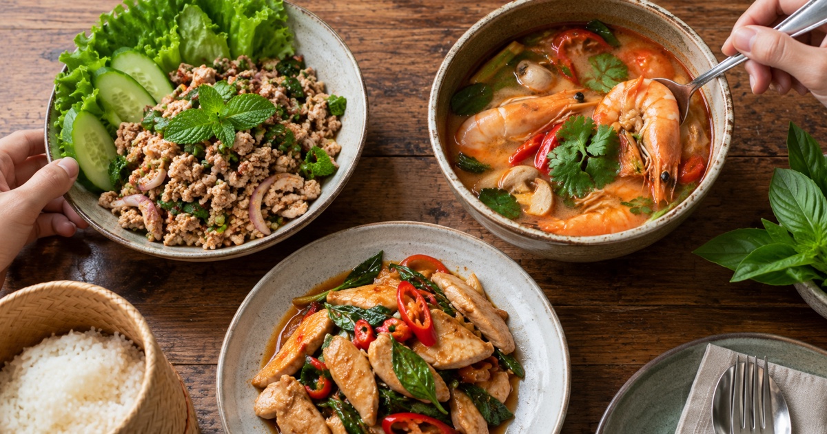 Overhead arrangement of minced chicken larb, sliced chicken stir fry and whole prawns in tom yum, three separate small dishes